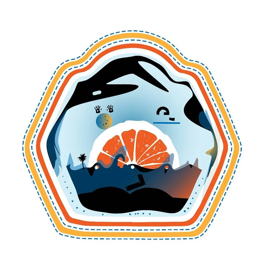 Layered abstract emblem in orange, blue, black, and cream