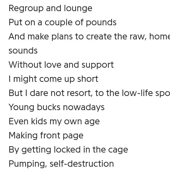 Cropped fragment of song lyrics beginning Regroup and lounge