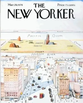 New Yorker cover showing a compressed map looking west from New York City