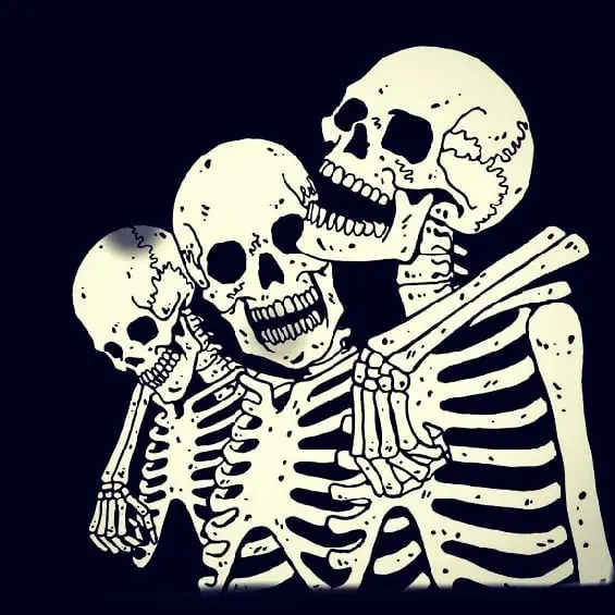 Illustration of three skeletons embracing like a family portrait