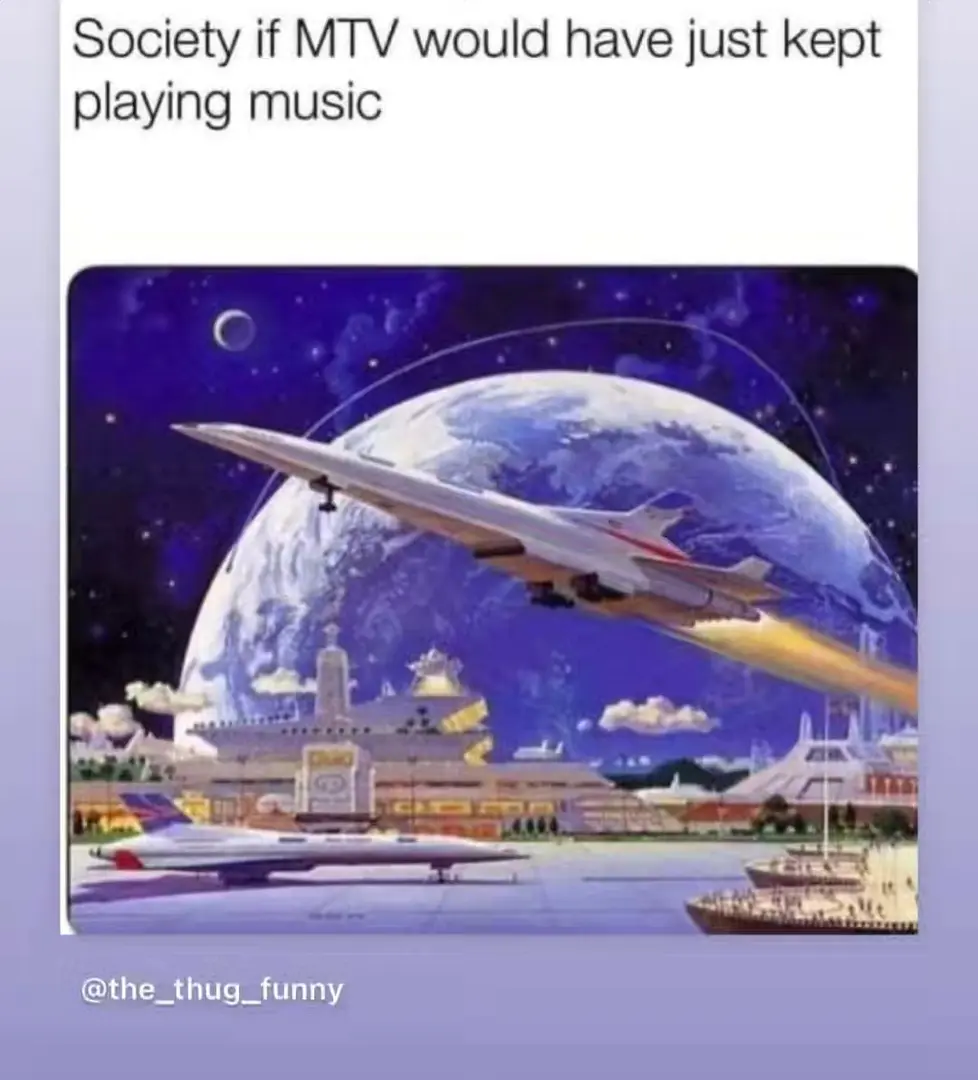 Retro-futurist city and aircraft meme imagining a society where MTV kept playing music